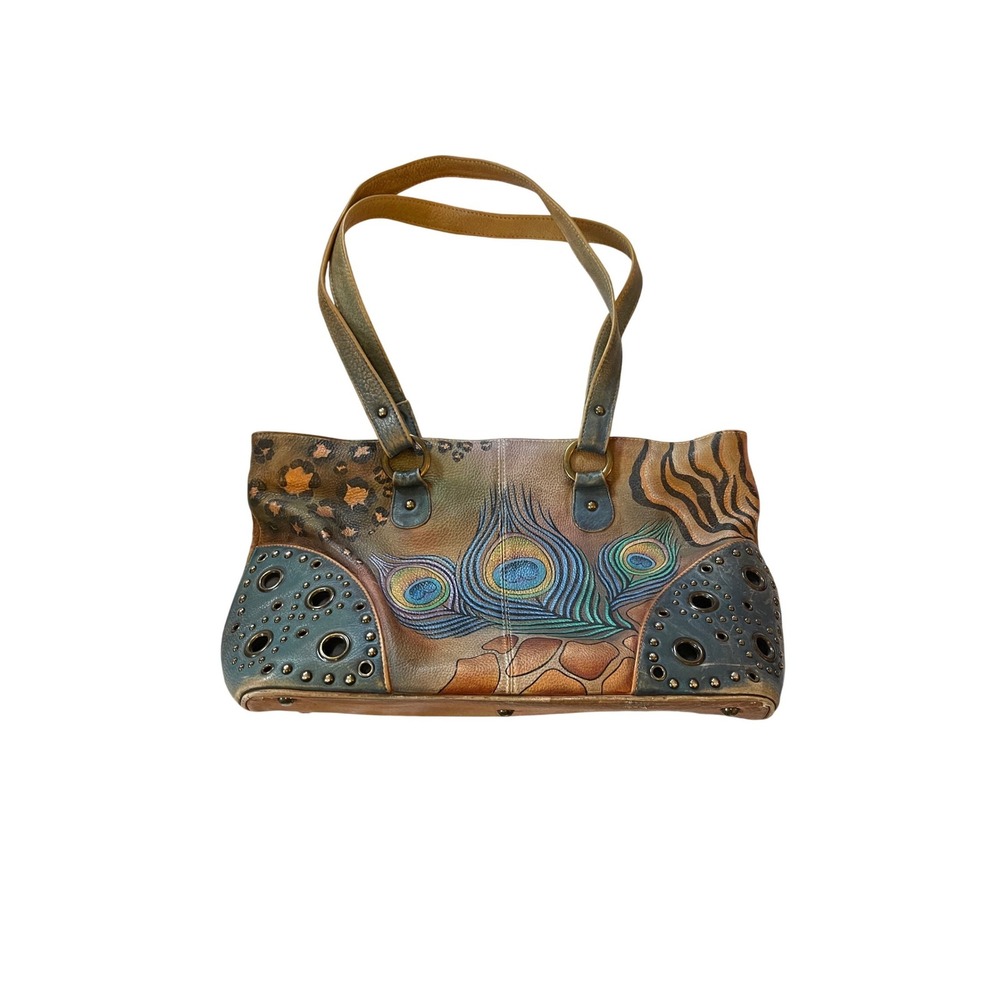 Y2k Anuschka Leather Handbag Peacock Feather Tiger Print Studded Shoulder Bag‎